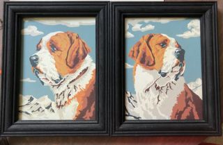 2 Vintage St.  Bernard Dog Puppy Pbn Paint By Number Painting 1960s Set Framed