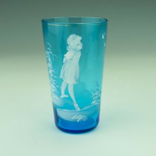 Antique Mary Gregory Blue Glass - Enamelled Young Girl Decorated Beaker