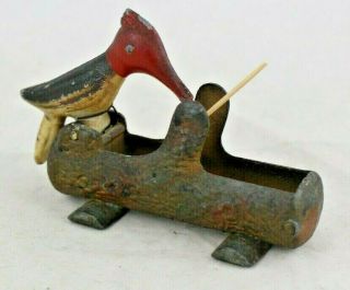 Antique Cast Metal Red Headed Woodpecker On Log Bird Toothpick Holder Dispenser