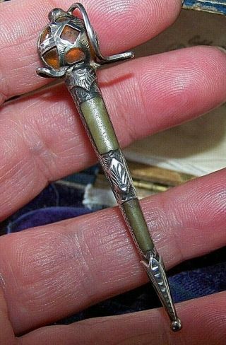 Antique Sterling Silver Scottish Basket Hilt Amber & Agate Sword Brooch Pin