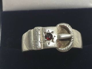 Antique Solid Silver Buckle Ring With Ruby.  Size U