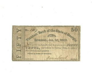 Antique 1863 Planters Bank Of The State Of Georgia 50c Note Civil War Savannah