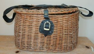 Vintage Wicker Fishing Creel Basket Leather Strap Metal Buckles Larger Size Fish