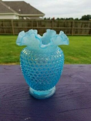 $1 Nr Vintage Fenton Ruffled Opalescent Blue Hobnail Vase 6 " Antique Glass