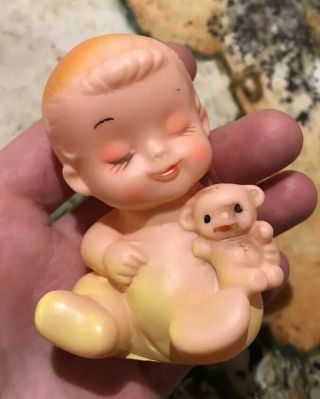 Cute Vintage Rubber Squeaking Baby With Teddy Bear Toy Made In Japan