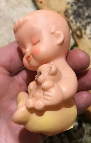 Cute Vintage Rubber Squeaking Baby With Teddy Bear Toy Made In Japan 3