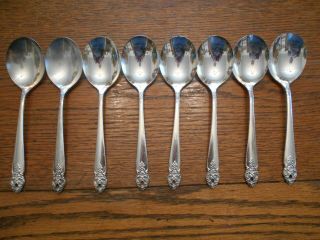 8 Prestige Plate 1951 Distinction Pattern Round Cream Soup Spoons Oneida 995