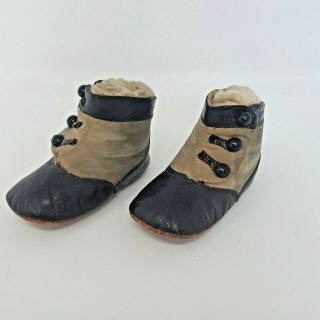Vintage Antique Black Leather & Ivory High Button Child Baby Boots Shoes