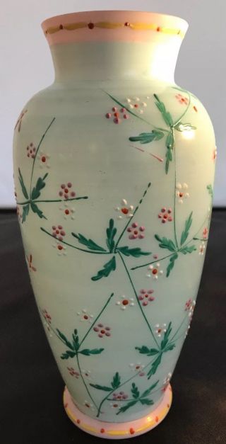 Antique Hand Painted Translucent Round 3d Floral Dragonfly Glass Vase 8.  5”