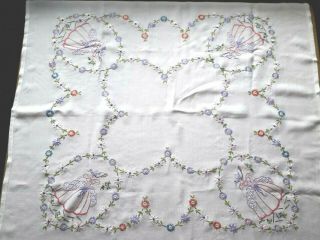 Vintage Hand Embroidered Crinoline Ladies & Flowers - White Linen Tablecloth