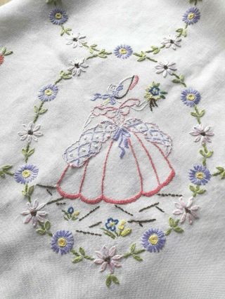 VINTAGE HAND EMBROIDERED CRINOLINE LADIES & FLOWERS - WHITE LINEN TABLECLOTH 2
