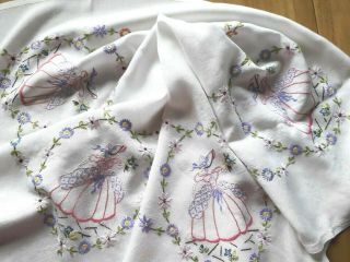 VINTAGE HAND EMBROIDERED CRINOLINE LADIES & FLOWERS - WHITE LINEN TABLECLOTH 3