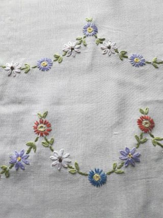VINTAGE HAND EMBROIDERED CRINOLINE LADIES & FLOWERS - WHITE LINEN TABLECLOTH 4