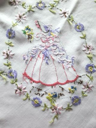 VINTAGE HAND EMBROIDERED CRINOLINE LADIES & FLOWERS - WHITE LINEN TABLECLOTH 5