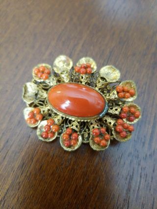Antique Victorian Carved Red Coral Gold Brooch Pin