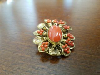ANTIQUE VICTORIAN CARVED RED CORAL GOLD BROOCH PIN 2
