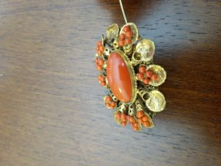 ANTIQUE VICTORIAN CARVED RED CORAL GOLD BROOCH PIN 7