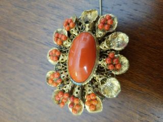ANTIQUE VICTORIAN CARVED RED CORAL GOLD BROOCH PIN 8