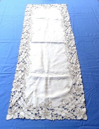 Antique Linen Table Runner Dresser Scarf 15x41 Hand Embroidered Floral
