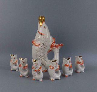 Antique Soviet Russian Porcelain Decanter With 6 Shots Fish Shaped By Polonia