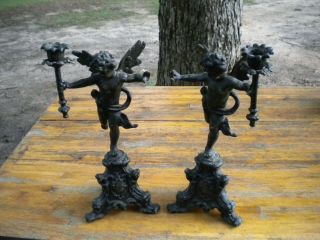 Vintage 13 " Pot White Metal Bronze Colored Spelter Cherub Angle Candle Holders
