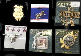 6 Vintage Jonette Jewelry Pins,  Pig,  Jungle Cat,  I Love Antiques,