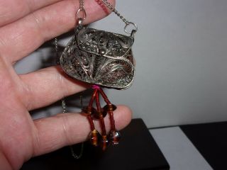 Antique Miniature Silver Filigree Doll Purse Necklace Pendant W/ Beads 1900s