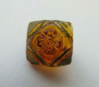 Gorgeous Antique Vtg Amber Glass Button Incised Gold Luster Flower 3/8 " (z)