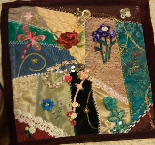 Vintage Style Hand Made Crazy Quilt Block Decorated Real Antique Vintage Fabric