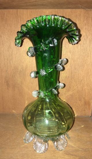 Antique Victorian Stevens & Williams Green Glass Rigaree Vase 11 "