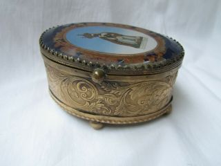 Antique French Grand Tour Trinket Box Gilt Metal Glass Top Button Cushion 1900