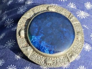 Antique Victorian Ruskin Blue Glazed Ceramic Pewter Arts & Crafts Brooch Gift