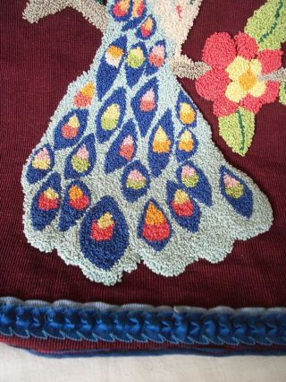 Antique Art Deco Fine Hand Stiched Peacock Needlework Fabric Silk Cover Vintage