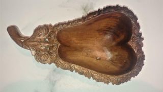 Fine French Carved Vintage Treen Fruit Wood Pear Shaped Dish With Stork Handle