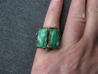 Antique Art Deco Max Neiger Bros Green Glass Woman Face Cabs Filigree Ring