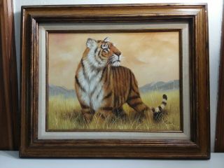 Vintage Mid Century Framed Tiger Oil Painting On Canvas Signed Rex 16x12 22x18