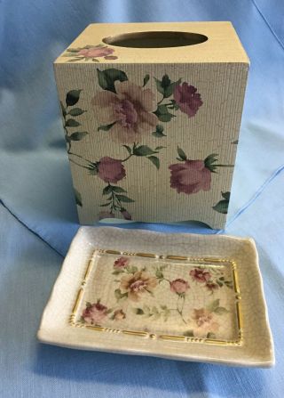 Croscill Floral Wood Tissue Box Cover & Ceramic Soap Dish Crackled Antique Rose?