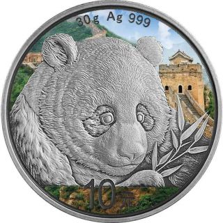 China 2018 10 Yuan Chinese Panda 0.  9 Oz 999 Silver Antique Finish,  Colouring Coin