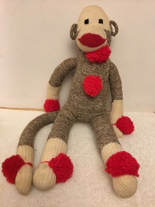 Vintage Sock Monkey With Red Pom - Poms 18.  5” Tall