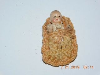 Antique Bisque Miniature Baby Wrapped In Hand Made Holder 1.  5 " Figure