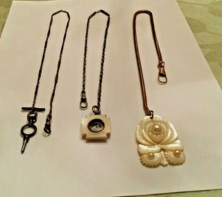 Pocket Watch Fobs Chains Total 3 Antique 1800’s W/watch Key