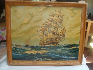 Vintage Wood Framed Paint By Number Old Sailing Ships,  22 X 17 3/4 ".
