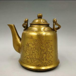 Chinese Handmade Carved Antique Fairy Maid Flagon Copper Teapot Kettle