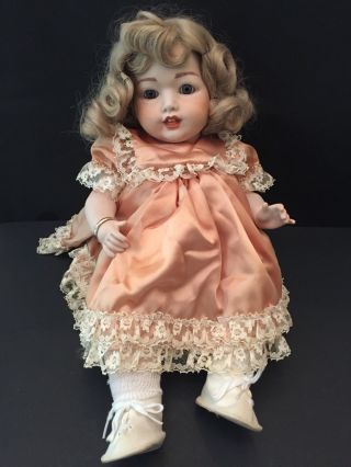 Vtg Bisque Doll Made In Germany 18 " Chubby Baby Satin & Lace Dress Blonde Wig