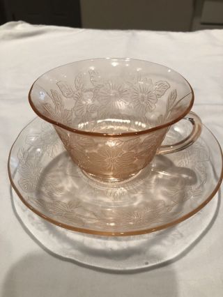 Awesome Pink Dogwood Antique Thin Cup And Saucer Set – Depression Glass