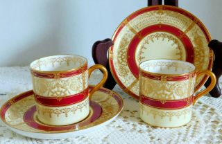 2 Gorgeous Antique Royal Worcester Burgundy,  White & Gold Demitasse Cups Saucers