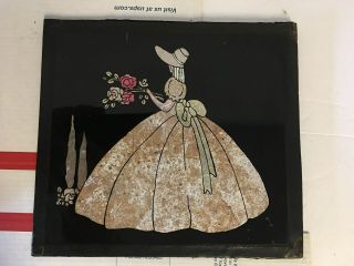 Glass Silhouette 7 1/2 " X 6 1/2 ",  Lady Wearing Full Dress With Flowers
