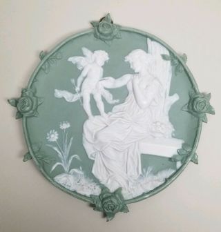 Antique German Schafer & Vater Rudolstadt Green Jasperware Cupid & Maiden Plaque