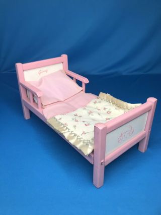 Early Vintage Ginny Doll Bed Pink Wooden Furniture Medford Label Rose Blanket