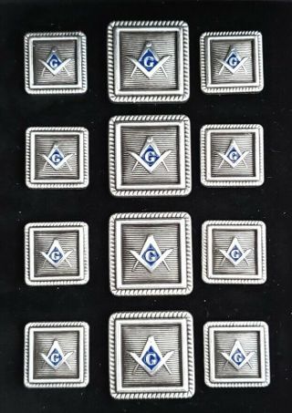 Jacket Button Set Square S&c Silver Plated Enamel Masonic Freemasonry